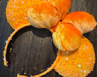 NEW Coquette Sequin Minnie Mouse Ears: Big Puffy Tie Dye Orange Velvet Bow, Halloween