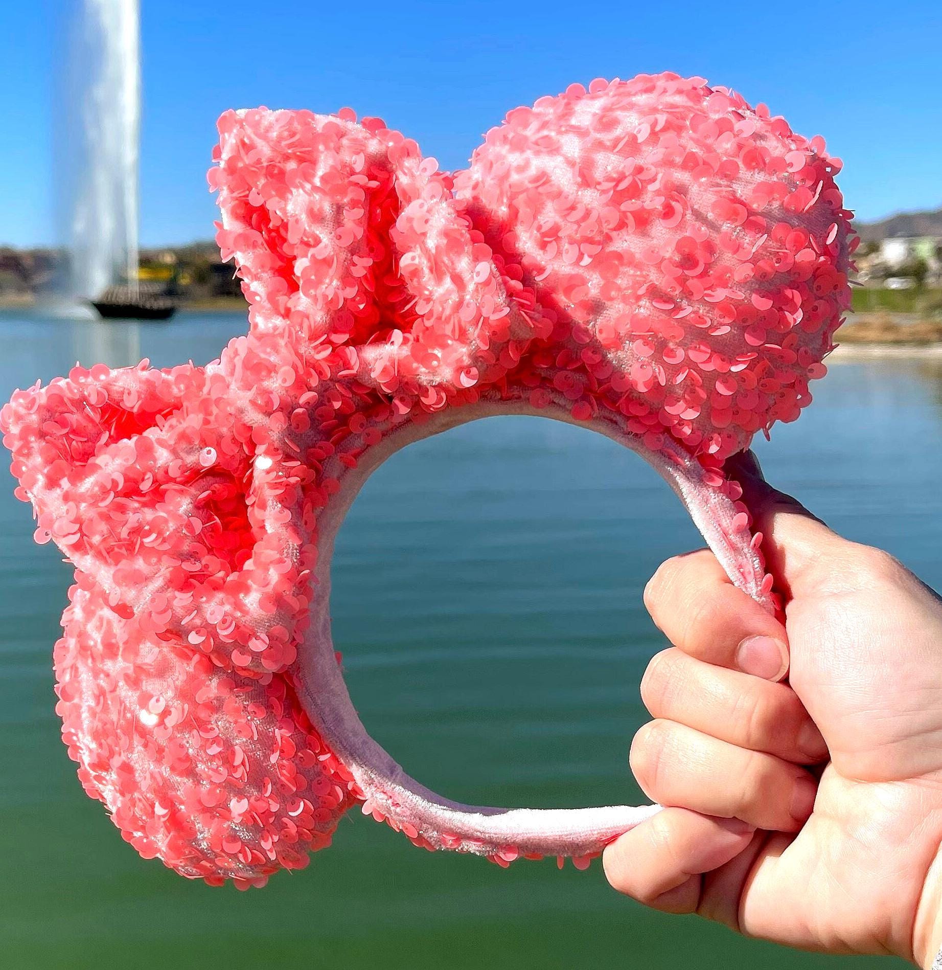 Flamingo Coral Pink Sparkle Sequin Mouse Ears, Minnie Ears, Mickey Ears