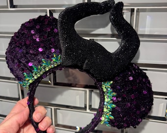 NEW Maleficent Inspired Glitter Velvet Purple Sequin Minnie Mickey Mouse Ears, Villain, Halloween