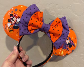 RTS Orange Halloween Mickey Minnie Mouse Ears: Polka Dot Double Bow
