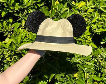 NEW Adjustable Safari Straw Beach Summer Hat w Black Velvet Sequin Mouse Ears, Minnie Ears, Mickey Ears