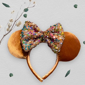 Tan Velvet Minnie Mickey Mouse Ears w Confetti Sequin Bow, Celebration, Birthday