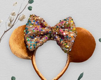 Tan Velvet Minnie Mickey Mouse Ears w Confetti Sequin Bow, Celebration, Birthday