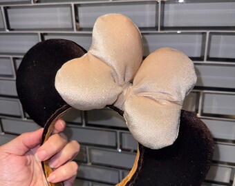 Neutral Brown Velvet Minnie Mickey Mouse Ears w Tan Glitter Velvet Puffy Bow, Fall