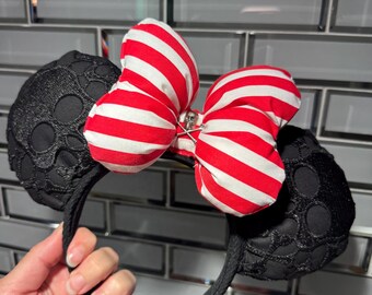 RTS Pirate Skull Minnie Mickey Mouse Ears, Big Puffy Bow, Skull Lace Overlay, Halloween
