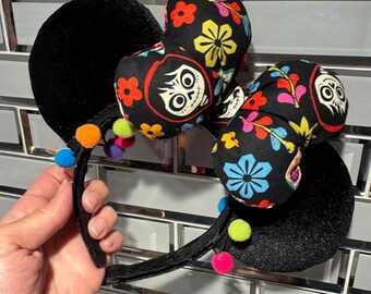 NEW Black Velvet Mouse Ears w Pom Pom Trim & Black COCO Big Puffy Bow, Halloween, Day of Dead
