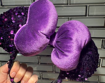 Coquette Purple Velvet Sequin Mickey Minnie Mouse Ears w Big Bow