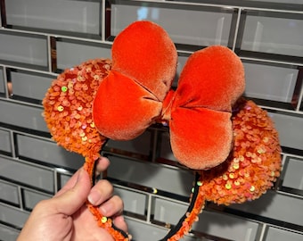 NEW Orange Sequin Minnie Mouse Ears: Big Puffy Velvet or Sequin Bow, Halloween