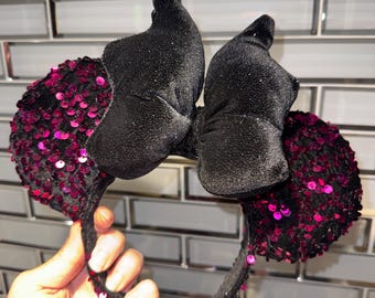 Pink Fuchsia Sequin Minnie Mickey Mouse Ears, Black Glitter Velvet Bat Bow, Halloween