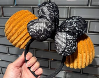 Pumpkin Orange Vintage Chenille Minnie Mickey Mouse Ears, Black Lace Bow, Halloween, Fall