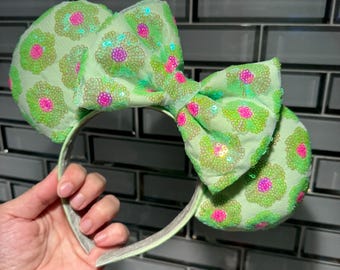 NEW Flower Power Neon Lime & Pink Sequin Minnie Mickey Mouse Ears
