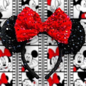 Classic Mickey or Minnie Inspired Black Sequin Mouse Ears with a Red Sequin Bow, Minnie Ears, Mickey Ears