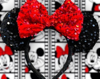 Classic Mickey or Minnie Inspired Black Sequin Mouse Ears with a Red Sequin Bow, Minnie Ears, Mickey Ears