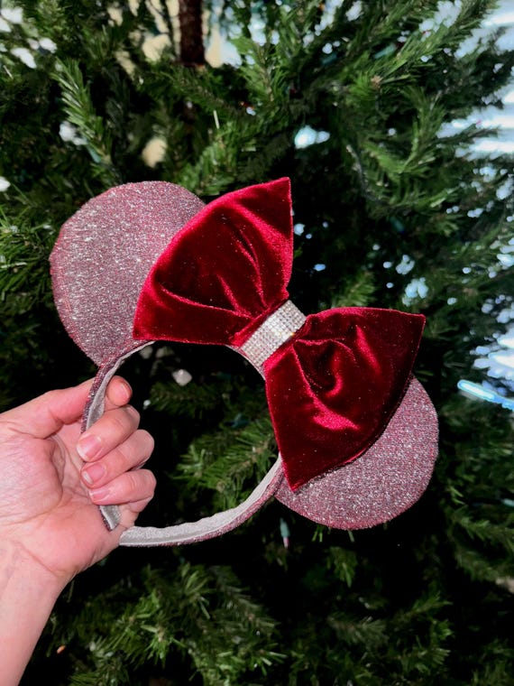 Maroon Burgundy Glitter Minnie Mickey Mouse Ears, Rhinestone  display picture 2