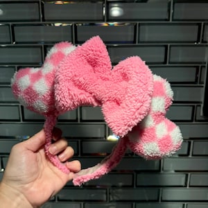 Pink White Checkered Heart Sherpa Minnie Mickey Mouse Ears, Valentines Day