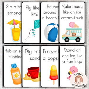 Tarjetas de movimiento de verano, Juegos de vacaciones de verano imprimibles, Último día de clases, Tarjetas didácticas, Materiales Montessori, Libro ocupado para niños pequeños, Fiesta de cumpleaños