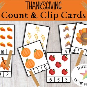 Thanksgiving Count & Clip Cards, Numbers 1-20, Thanksgiving Games, Thanksgiving Favors, Quiet Book, Preschool Printables, Busy Book