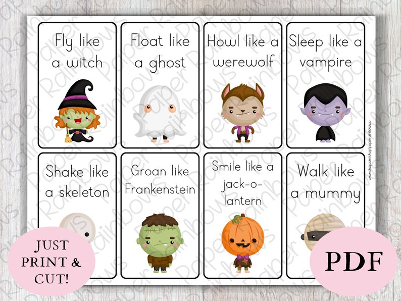 Puede incluir: Cartas de juego de Halloween imprimibles con ilustraciones de una bruja, un fantasma, un hombre lobo, un vampiro, un esqueleto, Frankenstein, una linterna de calabaza y una momia. Las cartas instruyen a los jugadores a "Volar como una bruja", "Flotar como un fantasma", "Aullar como un hombre lobo", "Dormir como un vampiro", "Sacud&iacute;r como un esqueleto", "Gru&ntilde;ir como Frankenstein", "Sonre&iacute;r como una linterna de calabaza" y "Caminar como una momia".