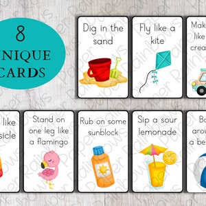 May include: Eight unique cards with colorful illustrations and text. Each card has a different summer activity, such as "Dig in the sand", "Fly like a kite", "Make music like an ice cream truck", "Freeze like a popsicle", "Stand on one leg like a flamingo", "Rub on some sunblock", "Sip a sour lemonade", and "Bounce around like a beach ball".
