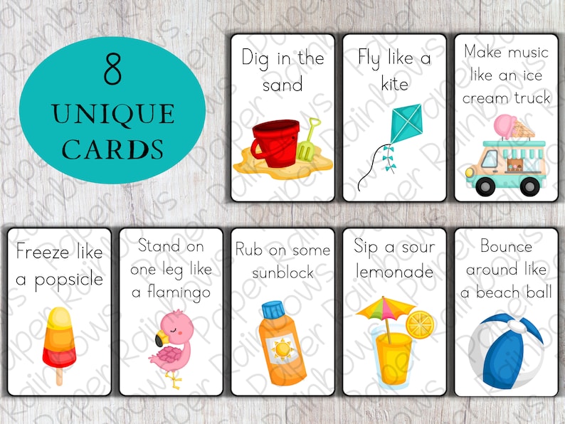 May include: Eight unique cards with colorful illustrations and text. Each card has a different summer activity, such as "Dig in the sand", "Fly like a kite", "Make music like an ice cream truck", "Freeze like a popsicle", "Stand on one leg like a flamingo", "Rub on some sunblock", "Sip a sour lemonade", and "Bounce around like a beach ball".