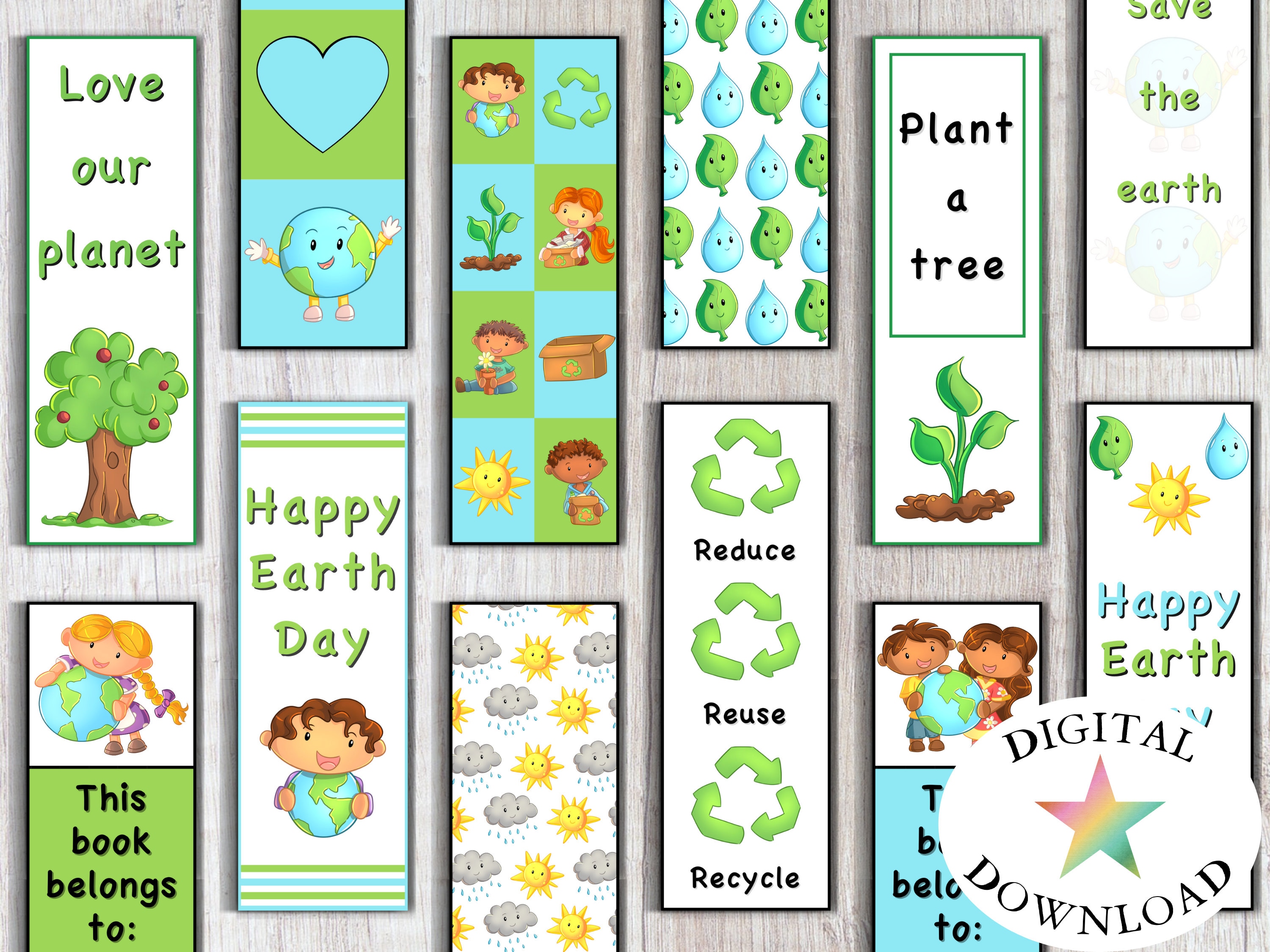 12 Earth Day Bookmarks, Printable Bookmarks for Kids, Homeschool