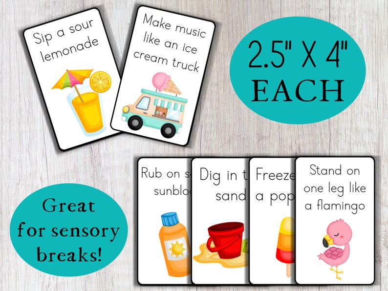 May include: Set of 10 colorful cards with summer-themed sensory activities. Each card is 2.5 inches by 4 inches and features an illustration and text. The text on the cards includes "Sip a sour lemonade", "Make music like an ice cream truck", "Rub on sunscreen", "Dig in the sand", "Freeze a popsicle", and "Stand on one leg like a flamingo".