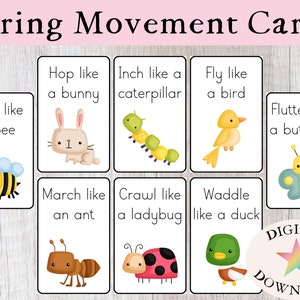 Cartões de movimento de primavera, cartões de memória, materiais Montessori, atividades ao ar livre, atividades para crianças pequenas, enchimentos para cestas de Páscoa, livro de atividades, pré-escola
