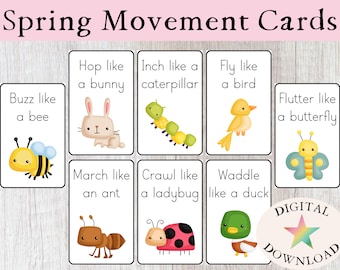 Cartões de movimento de primavera, cartões de memória, materiais Montessori, atividades ao ar livre, atividades para crianças pequenas, enchimentos para cestas de Páscoa, livro de atividades, pré-escola