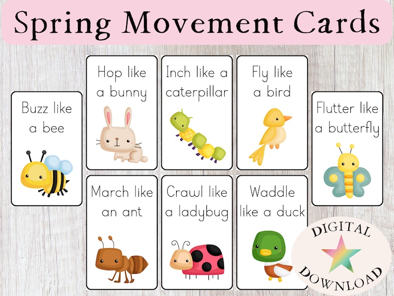 Pode incluir: Cartas de movimento da primavera com ilustra&ccedil;&otilde;es coloridas de animais e insetos. Os cart&otilde;es apresentam frases como "Zumbir como uma abelha", "Pular como um coelho", "Caminhar como uma lagarta", "Voar como um p&aacute;ssaro", "Bater asas como uma borboleta", "Marchar como uma formiga", "Rastejar como uma joaninha", e "Andar como um pato".