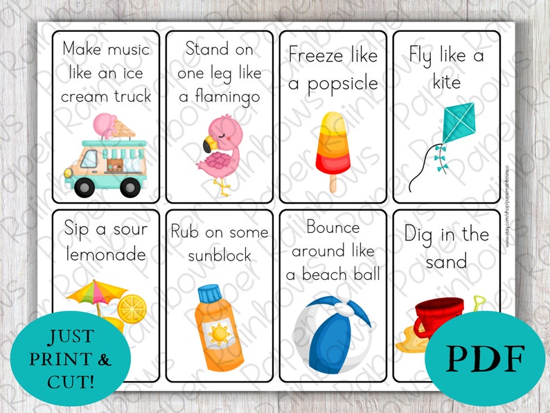 May include: A set of eight printable cards with summer-themed activities. Each card features a colorful illustration and a short phrase describing the activity. The phrases include "Make music like an ice cream truck", "Stand on one leg like a flamingo", "Freeze like a popsicle", "Fly like a kite", "Sip a sour lemonade", "Rub on some sunblock", "Bounce around like a beach ball", and "Dig in the sand".