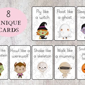 Puede incluir: Ocho tarjetas con tem&aacute;tica de Halloween con ilustraciones de una bruja, un fantasma, un vampiro, Frankenstein, un hombre lobo, un esqueleto, una momia y una calabaza. Cada tarjeta tiene una frase como "Vuela como una bruja" o "A&uacute;lla como un hombre lobo".
