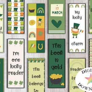 Könnte beinhalten: Satz von zehn druckbaren Lesezeichen mit St. Patricks Day-Motiv. Die Lesezeichen enthalten grüne Kleeblätter, Regenbögen, Goldmünzen, Kobolde und den Text "Frohes St. Patricks Day", "Ich bin ein glücklicher Leser", "Dieses Buch gehört zu:", "Dieses Buch ist Gold", "Mein Glücksbringer", "Buch gehört zu:" und "17. März".