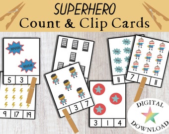 Superhero Count & Clip Cards, Numbers 1-20, Preschool Printables, Montessori Math, Toddler, Classroom, Kids Homeschool Activity, Kids Games