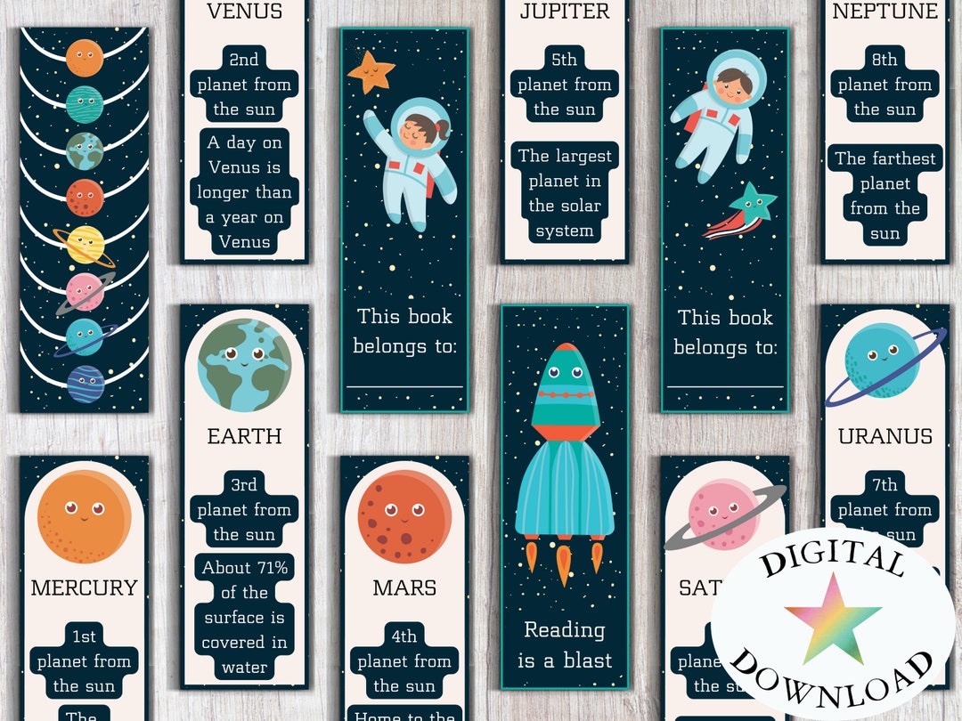 12 Space Facts Bookmarks, Printable Bookmarks for Kids, Homeschool, Educational, Outer Space