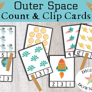 Outer Space Count & Clip Cards, getallen 1-20, voorschoolse printables, montessoriwiskunde, peuter, klaslokaal, thuisschoolactiviteit voor kinderen, spel voor kinderen