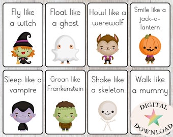Cartões de movimento de Halloween, cartões flash, materiais Montessori, atividades ao ar livre, atividades para crianças, ideias para festas de Halloween, livro ocupado, pré-escolar