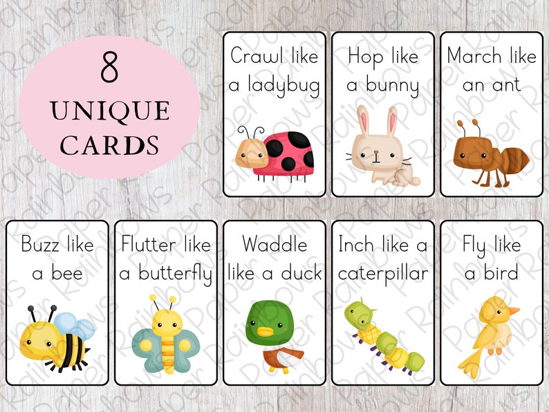 Pode incluir: Oito cartas &uacute;nicas com ilustra&ccedil;&otilde;es coloridas de animais e instru&ccedil;&otilde;es para se mover como eles. Os cart&otilde;es dizem: Rastejar como uma joaninha, Saltar como um coelho, Marchar como uma formiga, Zumbir como uma abelha, Bater asas como uma borboleta, Andar como um pato, Mover-se como uma lagarta, Voar como um p&aacute;ssaro.