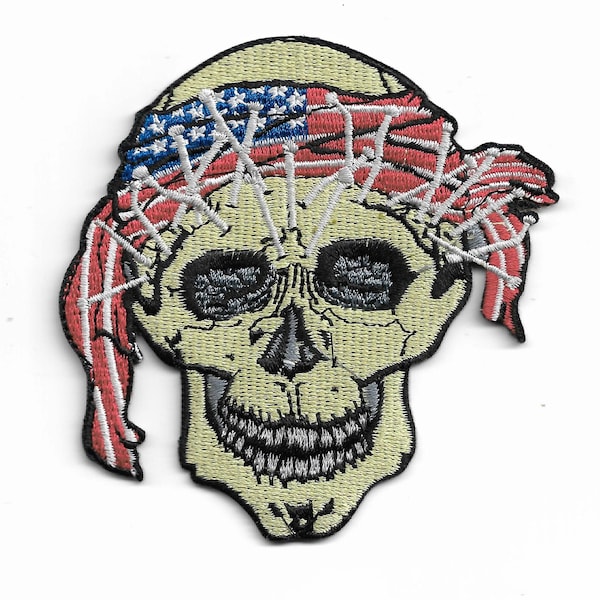 American Flag Pirate Biker Skull Embroidered Iron-On Patch