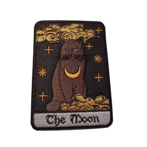 Chat noir lune avec lune sur la poitrine Jolie carte de tarot brodée au fer sur écusson 3,5 x 2,5 pouces