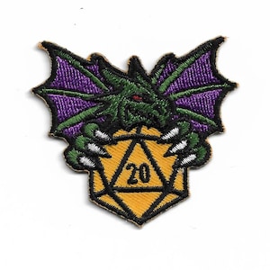 Dungeons and Dragons Dragon with 20 Sided Dice Iron on Patch Made in Canada 2&quot; x 2&quot;