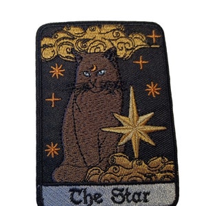 Le chat noir étoilé avec la lune sur le front Jolie carte de tarot brodé au fer sur l'écusson 3,5 x 2,5 pouces