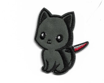 Black Cat with Knife Iron On Patch Goth Punk Emo