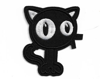 Spooky Big Eyed Black Cat Embroidered Iron on Patch