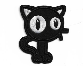 Spooky Big Eyed Black Cat Embroidered Iron on Patch Tariffs Prepaid!
