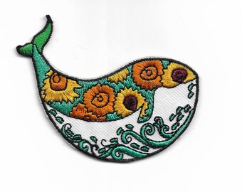 Beautiful Teal and Gold Whale with Sunflowers Environmental Embroidered Iron On Patch Cute!