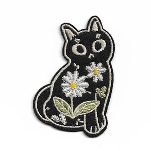 Black Cat with Flowers Embroidered Iron on Patch