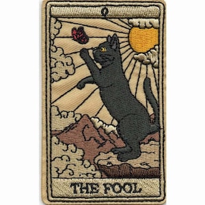 Chat noir Kitty l'idiot 0 arcanes majeurs carte de tarot brodé en fer sur l'écusson 3,5 x 2 po