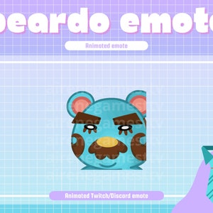 Puede incluir: Emoticono animado de Twitch/Discord con un oso azul con barba y bigote marrones. El oso tiene una expresión de sorpresa con los ojos muy abiertos. El emoticono está sobre un fondo de cuadrícula azul claro y morado.