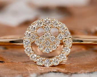 Anillo minimalista de diamantes, anillo de oro de 14 quilates con pavé de diamantes y carita sonriente, anillos para uso diario, anillo de diamantes de laboratorio, anillos delicados, anillo con carita sonriente, regalo para hija