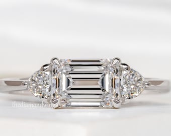 Emerald Cut Lab Grown Diamond Engagement Ring,Side Trillion Diamond,Trilogy Wedding Ring,Anniversary Ring,Handmade Diamond Ring,Gift For Her